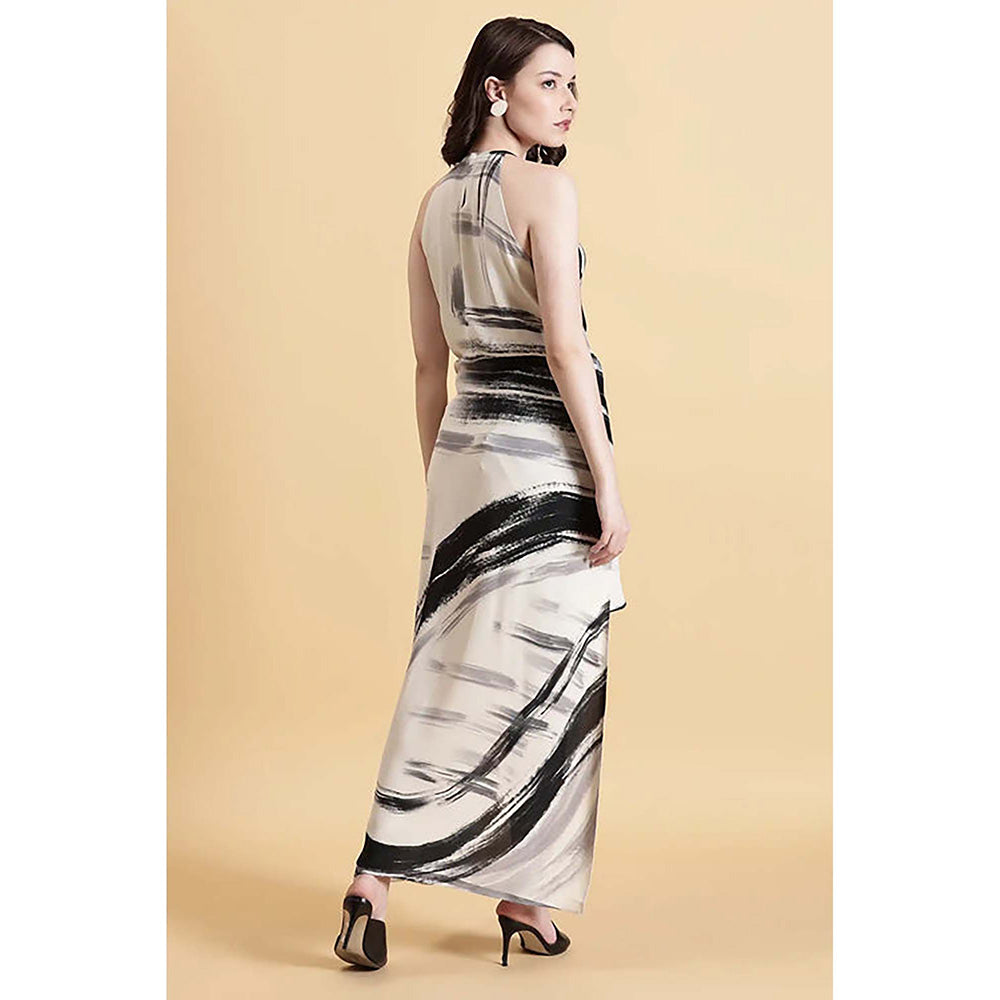 Fawn 24 White Georgette Halter Neck Printed Sleeveless Maxi Dress