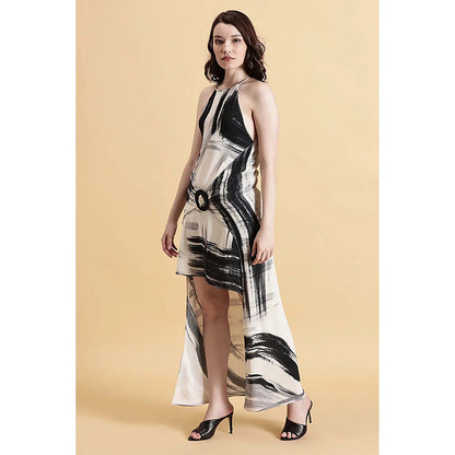 Fawn 24 White Georgette Halter Neck Printed Sleeveless Maxi Dress