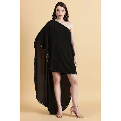 Fawn 24 Black Georgette Asymmetrical Solid/Plain Sleeveless Mini Dress