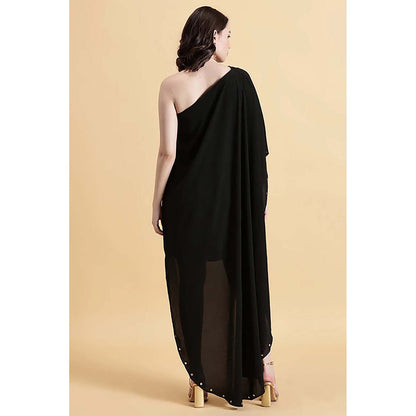 Fawn 24 Black Georgette Asymmetrical Solid/Plain Sleeveless Mini Dress