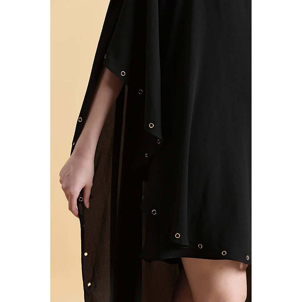 Fawn 24 Black Georgette Asymmetrical Solid/Plain Sleeveless Mini Dress