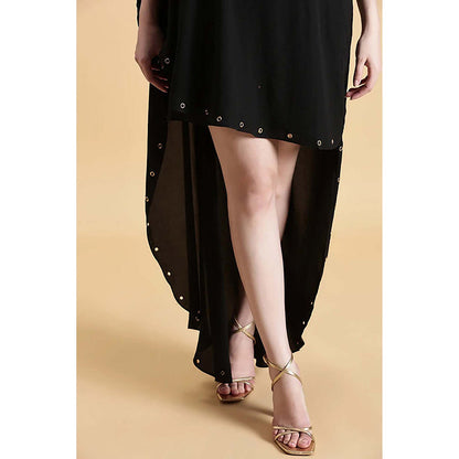 Fawn 24 Black Georgette Asymmetrical Solid/Plain Sleeveless Mini Dress
