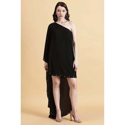 Fawn 24 Black Georgette Asymmetrical Solid/Plain Sleeveless Mini Dress