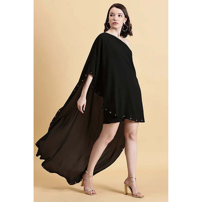 Fawn 24 Black Georgette Asymmetrical Solid/Plain Sleeveless Mini Dress
