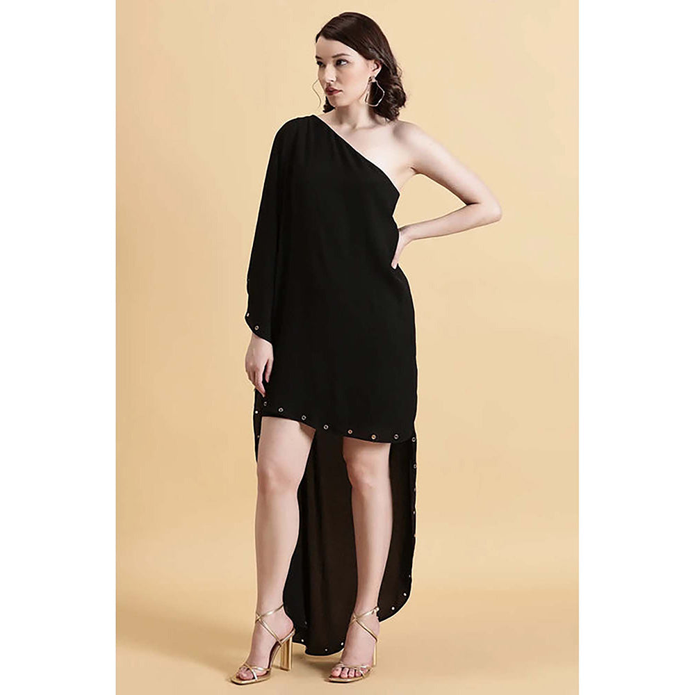 Fawn 24 Black Georgette Asymmetrical Solid/Plain Sleeveless Mini Dress