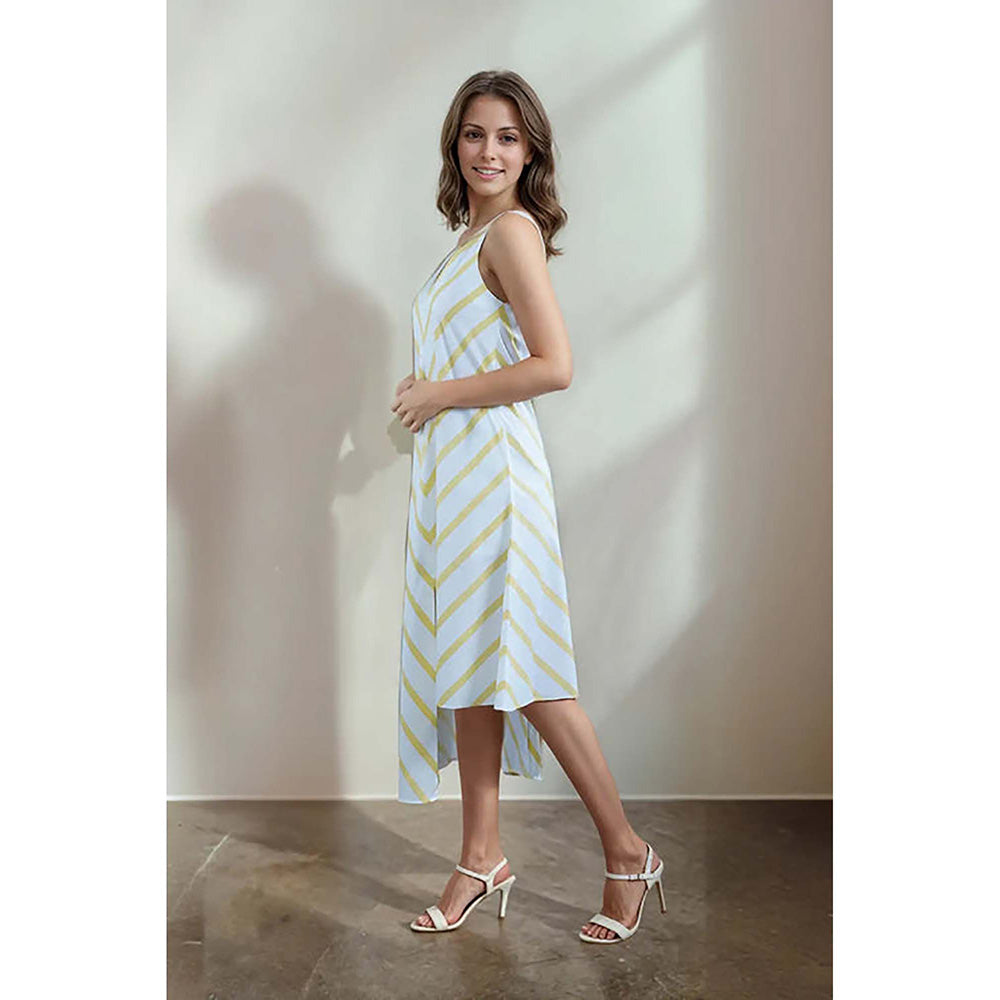 Fawn 24 White Poplin V-Neck Stripes Sleeveless Midi Dress