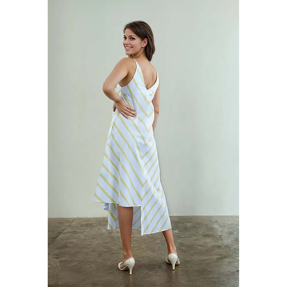 Fawn 24 White Poplin V-Neck Stripes Sleeveless Midi Dress