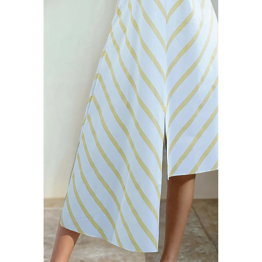 Fawn 24 White Poplin V-Neck Stripes Sleeveless Midi Dress