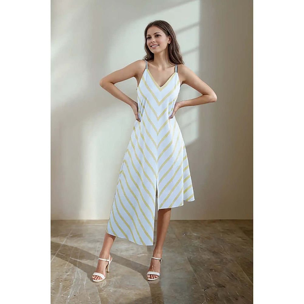 Fawn 24 White Poplin V-Neck Stripes Sleeveless Midi Dress