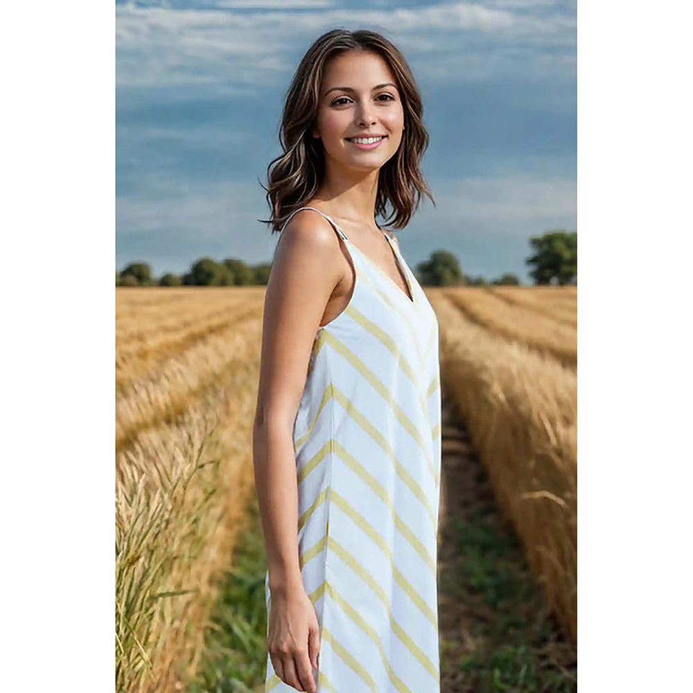 Fawn 24 White Poplin V-Neck Stripes Sleeveless Midi Dress