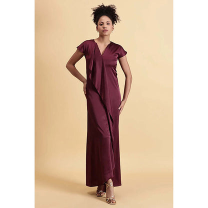 Fawn 24 Wine Satin V-Neck Solid/Plain Cap Maxi Dress