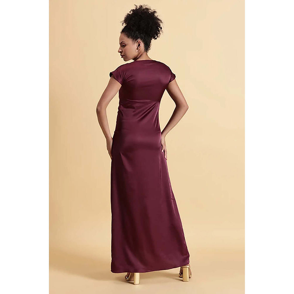 Fawn 24 Wine Satin V-Neck Solid/Plain Cap Maxi Dress