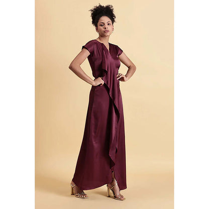 Fawn 24 Wine Satin V-Neck Solid/Plain Cap Maxi Dress