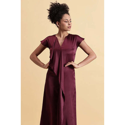 Fawn 24 Wine Satin V-Neck Solid/Plain Cap Maxi Dress