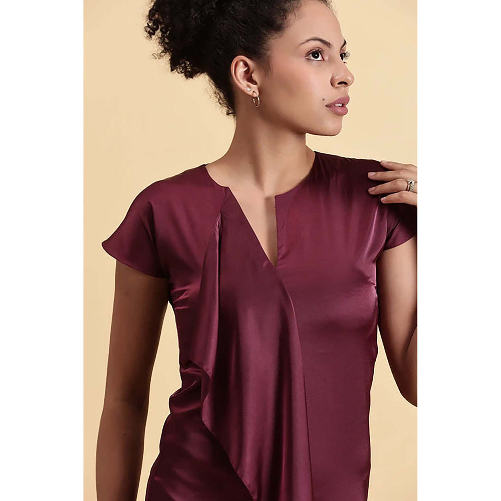 Fawn 24 Wine Satin V-Neck Solid/Plain Cap Maxi Dress