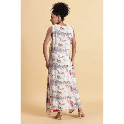Fawn 24 Off White Georgette V-Neck Abstract Sleeveless Maxi Dress