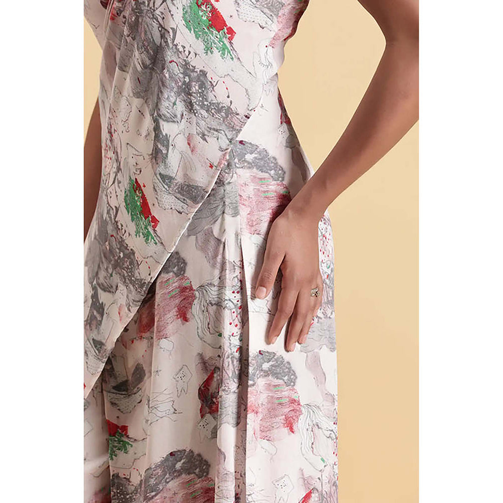 Fawn 24 Off White Georgette V-Neck Abstract Sleeveless Maxi Dress