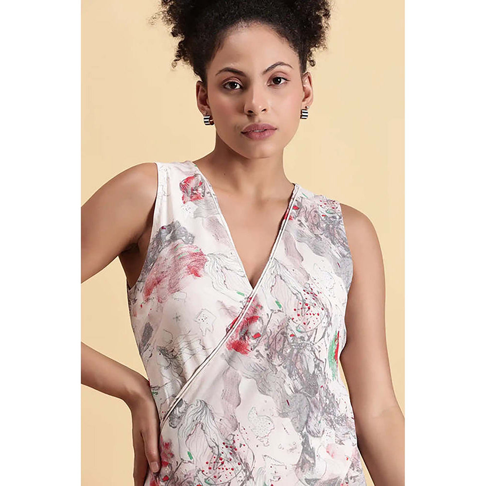 Fawn 24 Off White Georgette V-Neck Abstract Sleeveless Maxi Dress