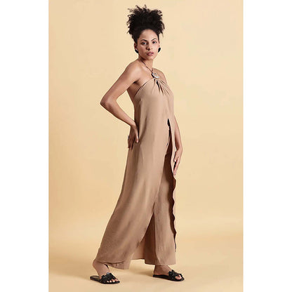 Fawn 24 Beige Crepe Halter Neck Solid/Plain Sleeveless Maxi Dress