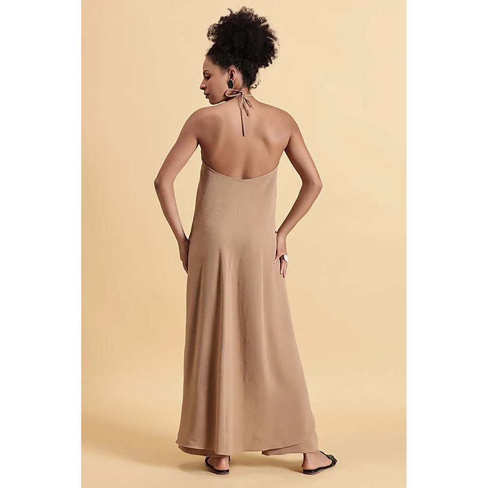 Fawn 24 Beige Crepe Halter Neck Solid/Plain Sleeveless Maxi Dress