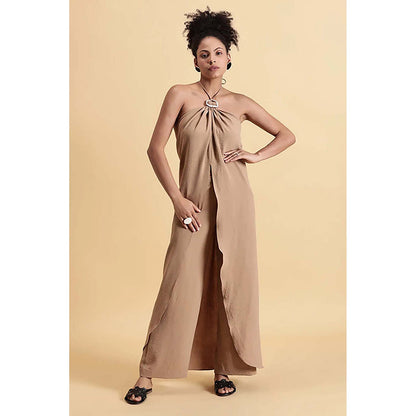 Fawn 24 Beige Crepe Halter Neck Solid/Plain Sleeveless Maxi Dress