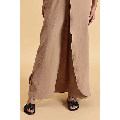 Fawn 24 Beige Crepe Halter Neck Solid/Plain Sleeveless Maxi Dress