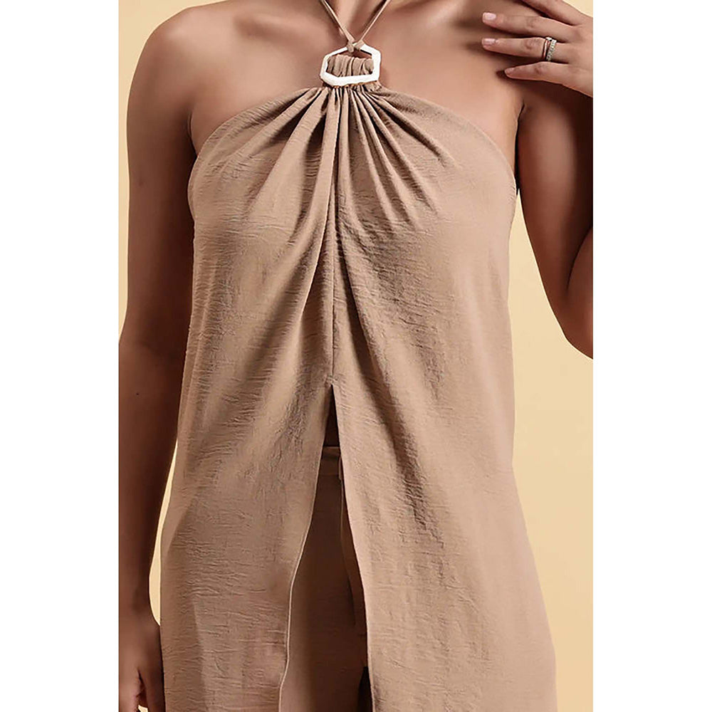 Fawn 24 Beige Crepe Halter Neck Solid/Plain Sleeveless Maxi Dress