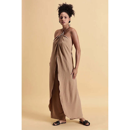 Fawn 24 Beige Crepe Halter Neck Solid/Plain Sleeveless Maxi Dress