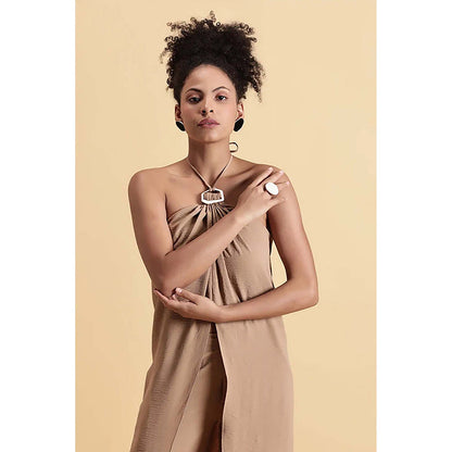 Fawn 24 Beige Crepe Halter Neck Solid/Plain Sleeveless Maxi Dress