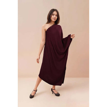 Fawn 24 Burgundy Crepe One Shoulder Solid/Plain Sleeveless Dress