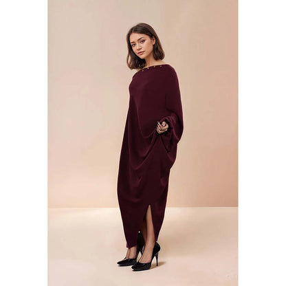 Fawn 24 Burgundy Crepe One Shoulder Solid/Plain Sleeveless Dress