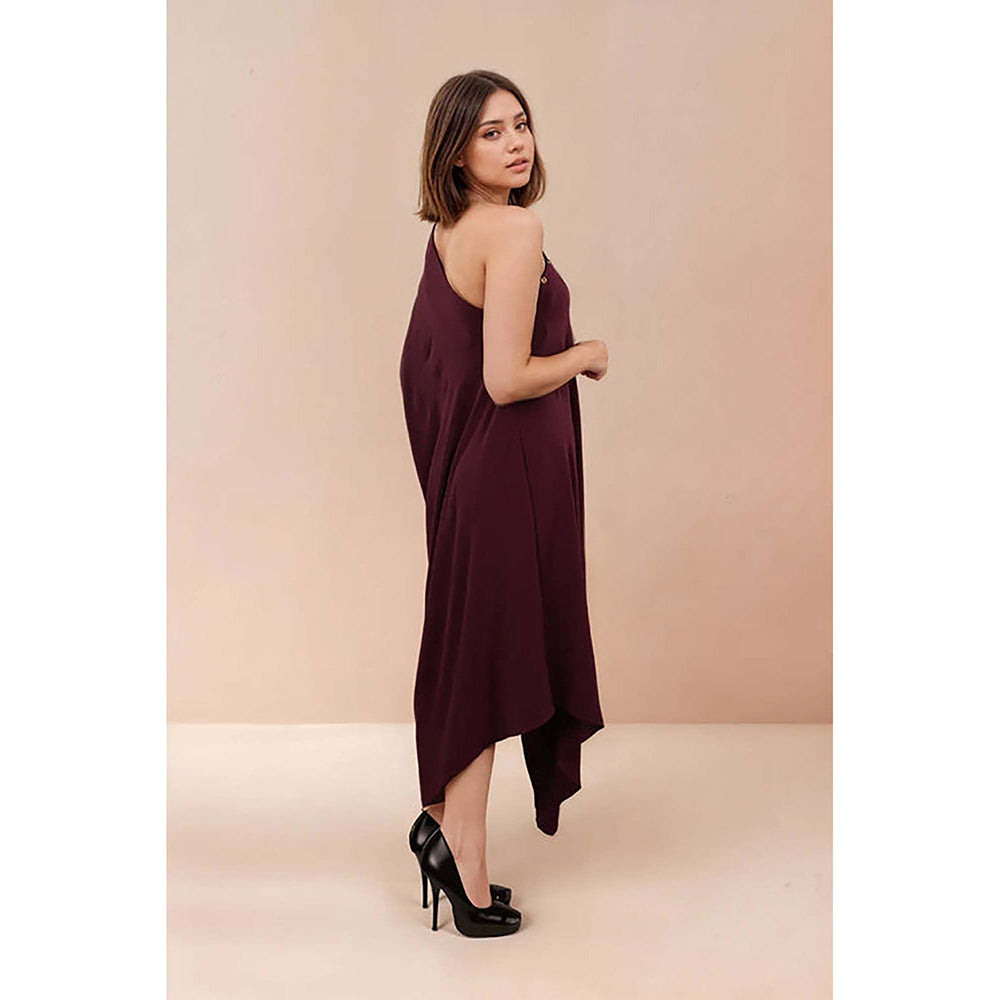 Fawn 24 Burgundy Crepe One Shoulder Solid/Plain Sleeveless Dress