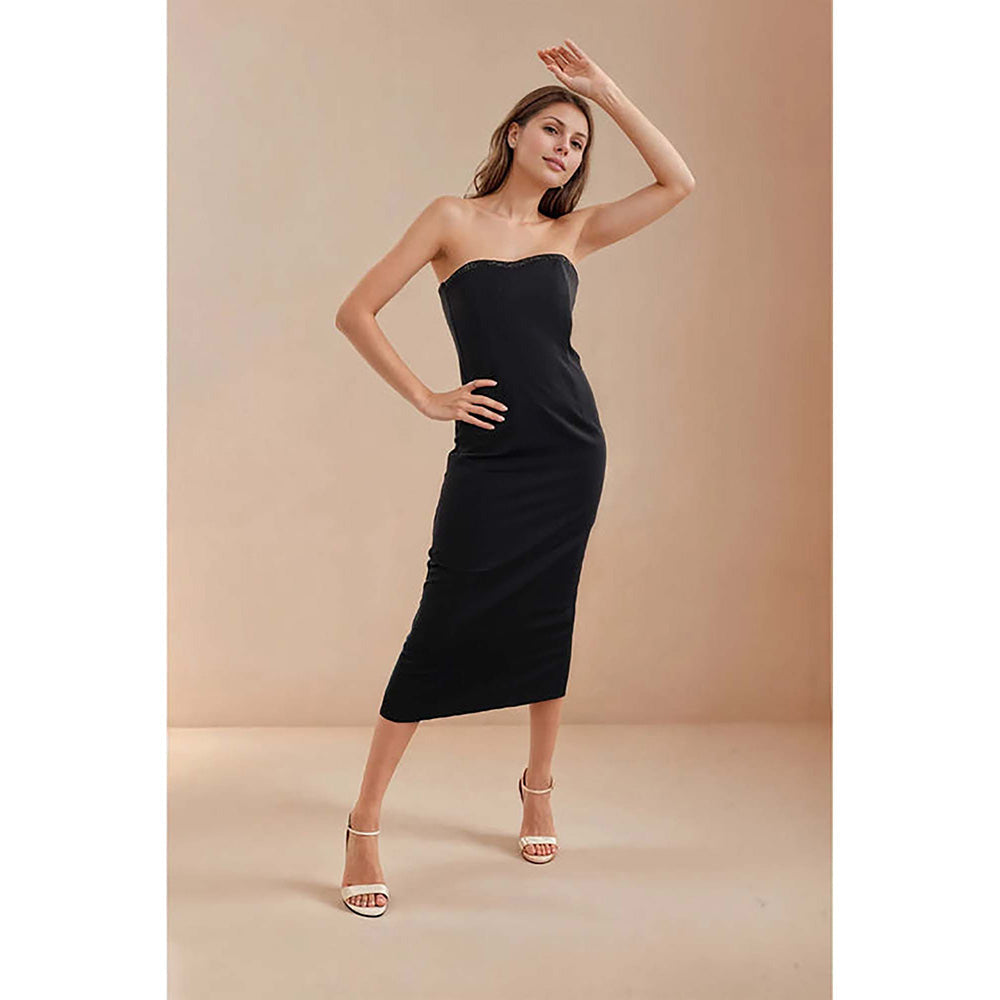 Fawn 24 Black Crepe Strapless/Tube Solid/Plain Sleeveless Midi Dress