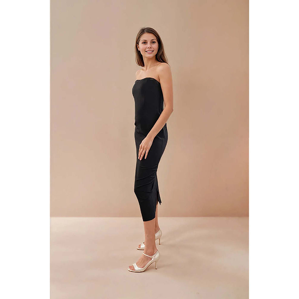 Fawn 24 Black Crepe Strapless/Tube Solid/Plain Sleeveless Midi Dress