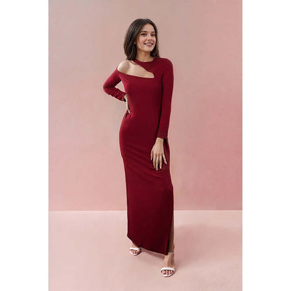 Fawn 24 Red Crepe Asymmetrical Solid/Plain Full Sleeves Maxi Dress