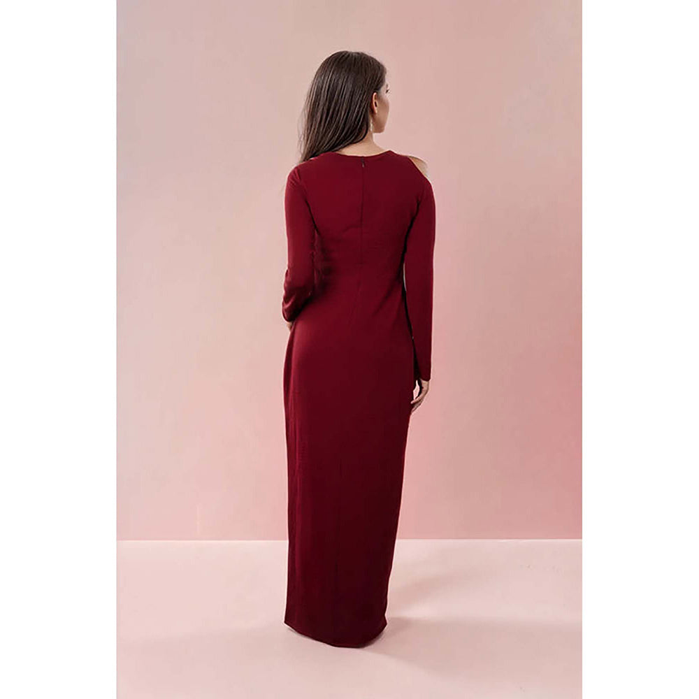 Fawn 24 Red Crepe Asymmetrical Solid/Plain Full Sleeves Maxi Dress