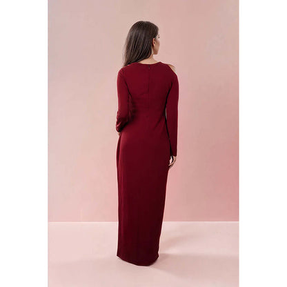 Fawn 24 Red Crepe Asymmetrical Solid/Plain Full Sleeves Maxi Dress