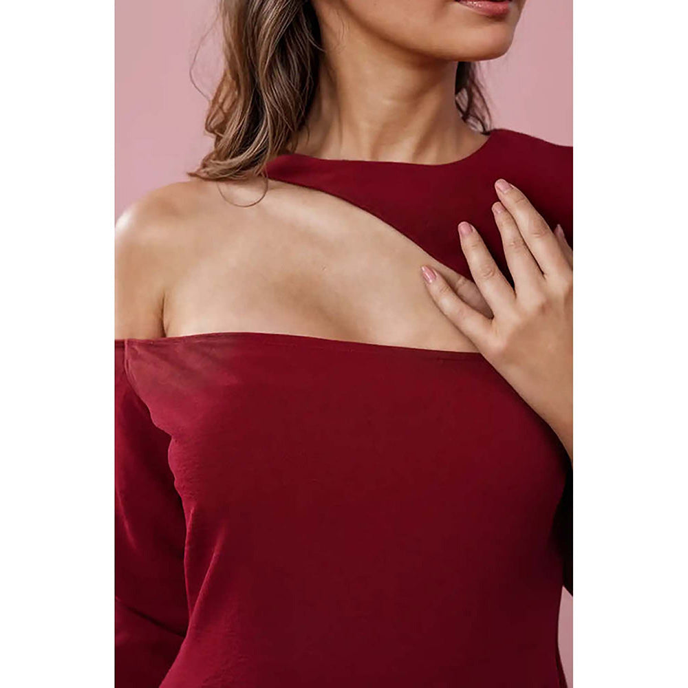 Fawn 24 Red Crepe Asymmetrical Solid/Plain Full Sleeves Maxi Dress