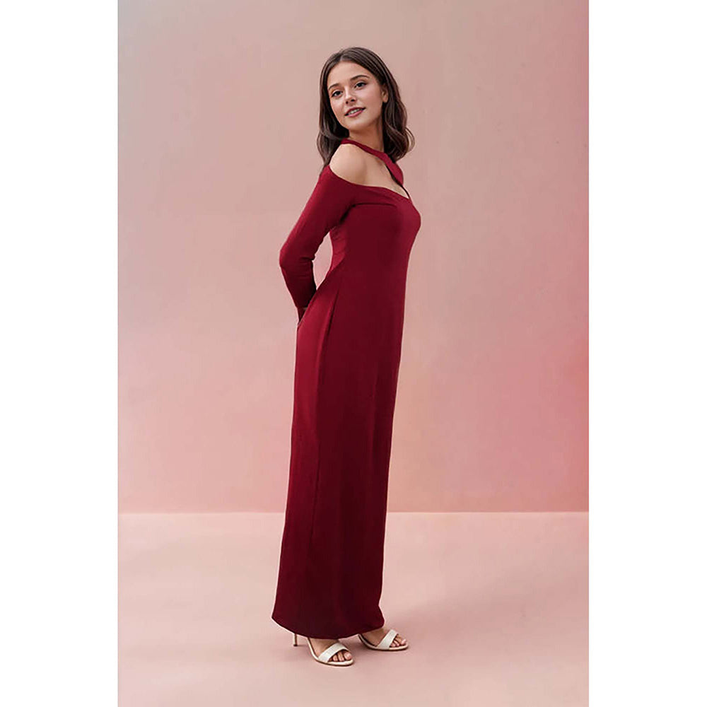 Fawn 24 Red Crepe Asymmetrical Solid/Plain Full Sleeves Maxi Dress