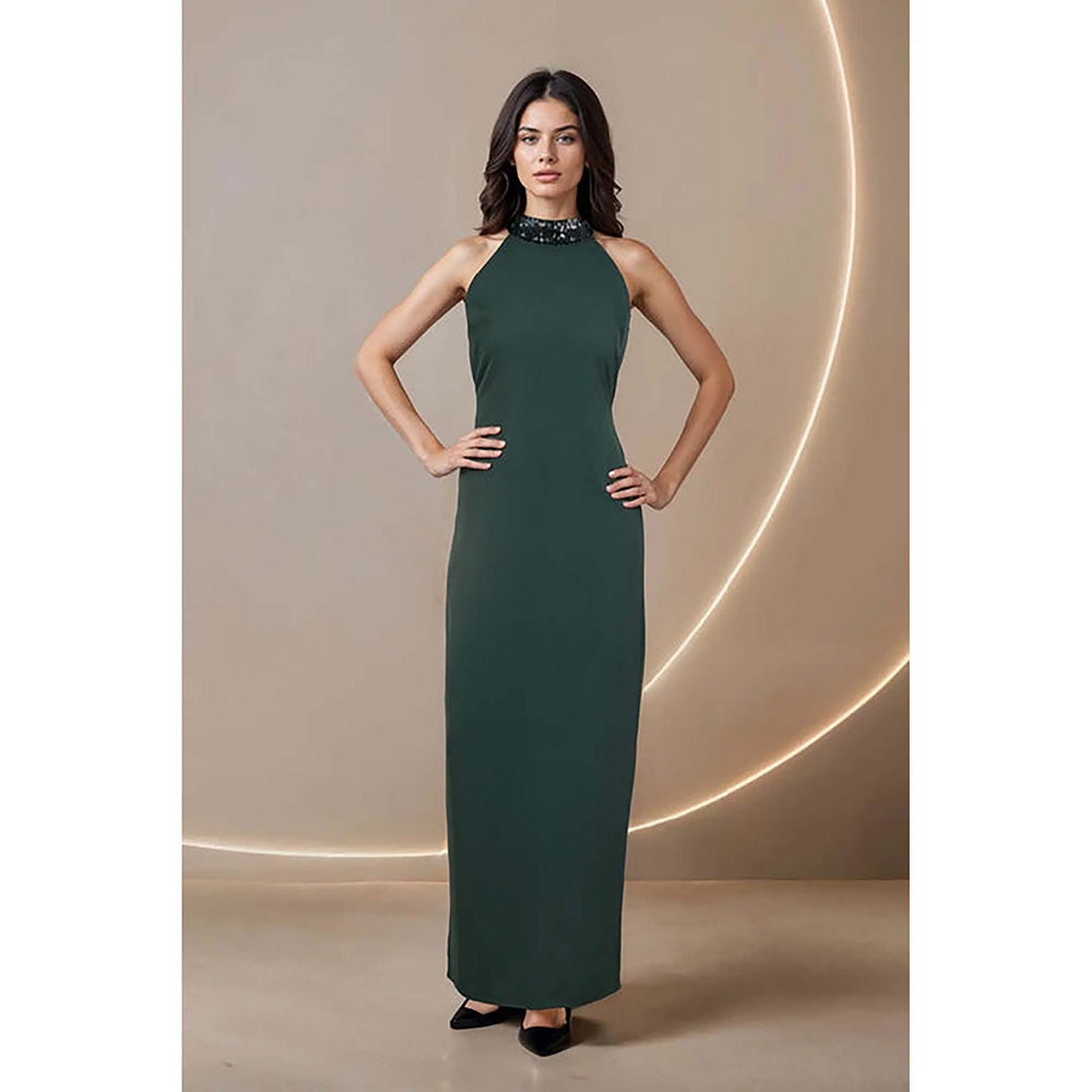 Fawn 24 Green Polyester Halter Neck Solid/Plain Sleeveless Maxi Dress