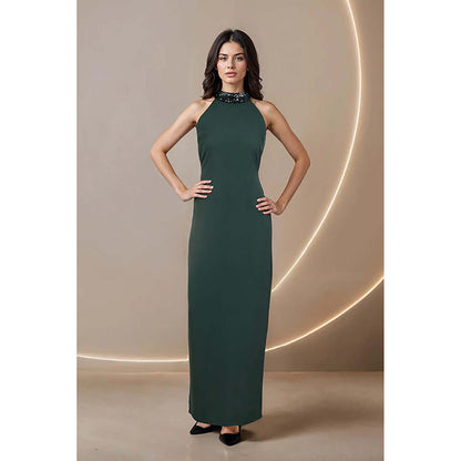 Fawn 24 Green Polyester Halter Neck Solid/Plain Sleeveless Maxi Dress