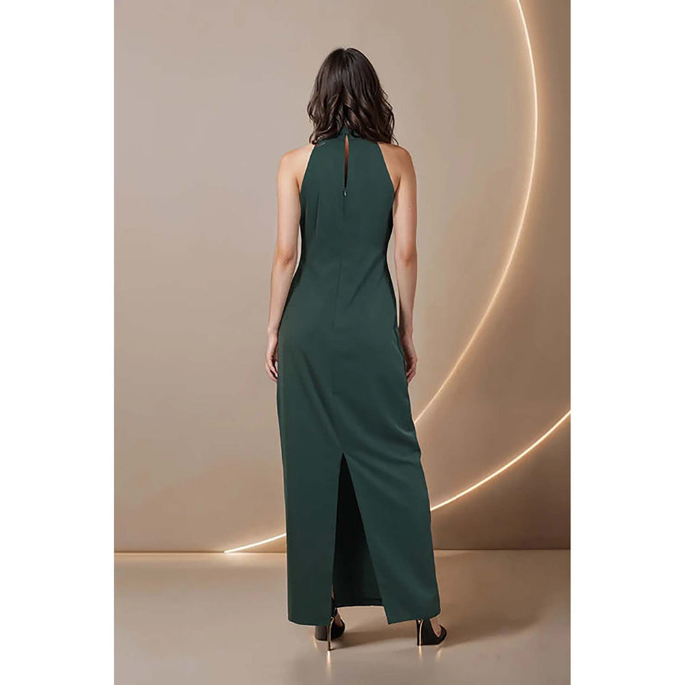 Fawn 24 Green Polyester Halter Neck Solid/Plain Sleeveless Maxi Dress