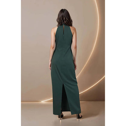 Fawn 24 Green Polyester Halter Neck Solid/Plain Sleeveless Maxi Dress
