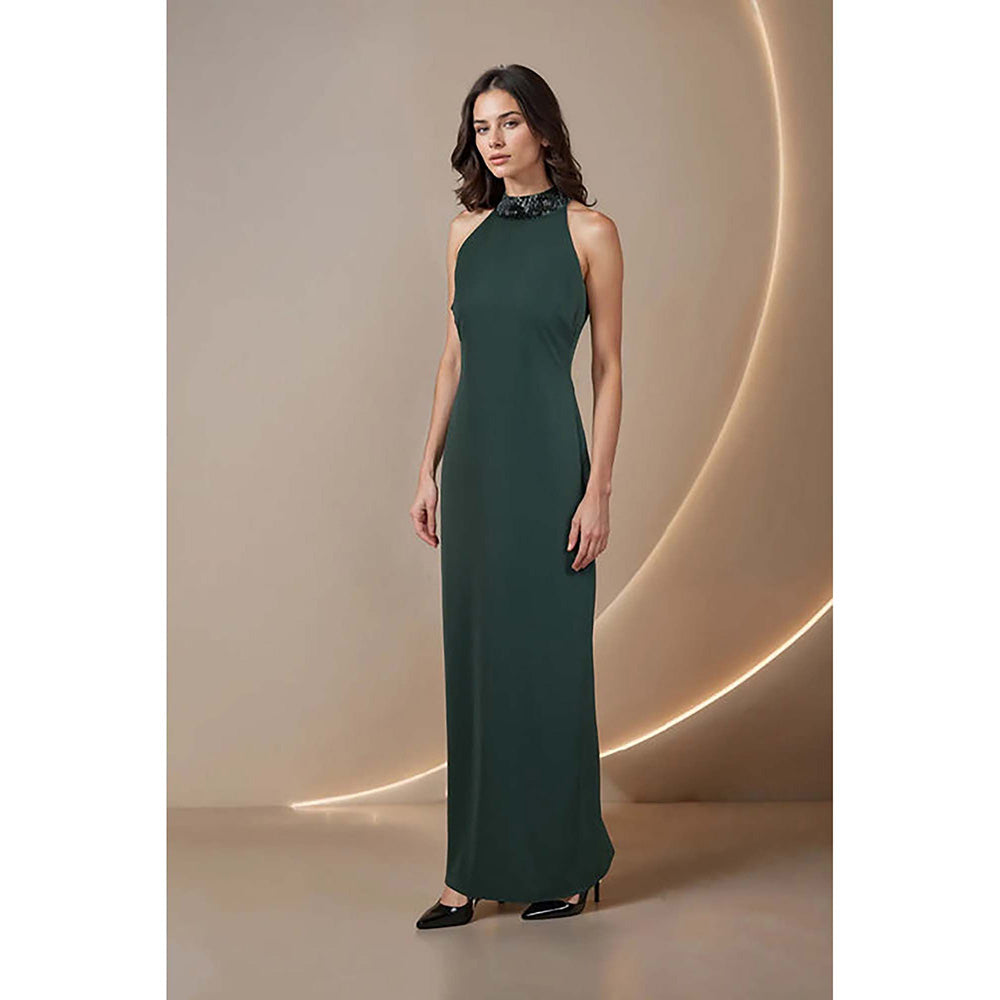 Fawn 24 Green Polyester Halter Neck Solid/Plain Sleeveless Maxi Dress