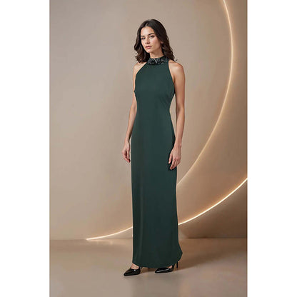 Fawn 24 Green Polyester Halter Neck Solid/Plain Sleeveless Maxi Dress