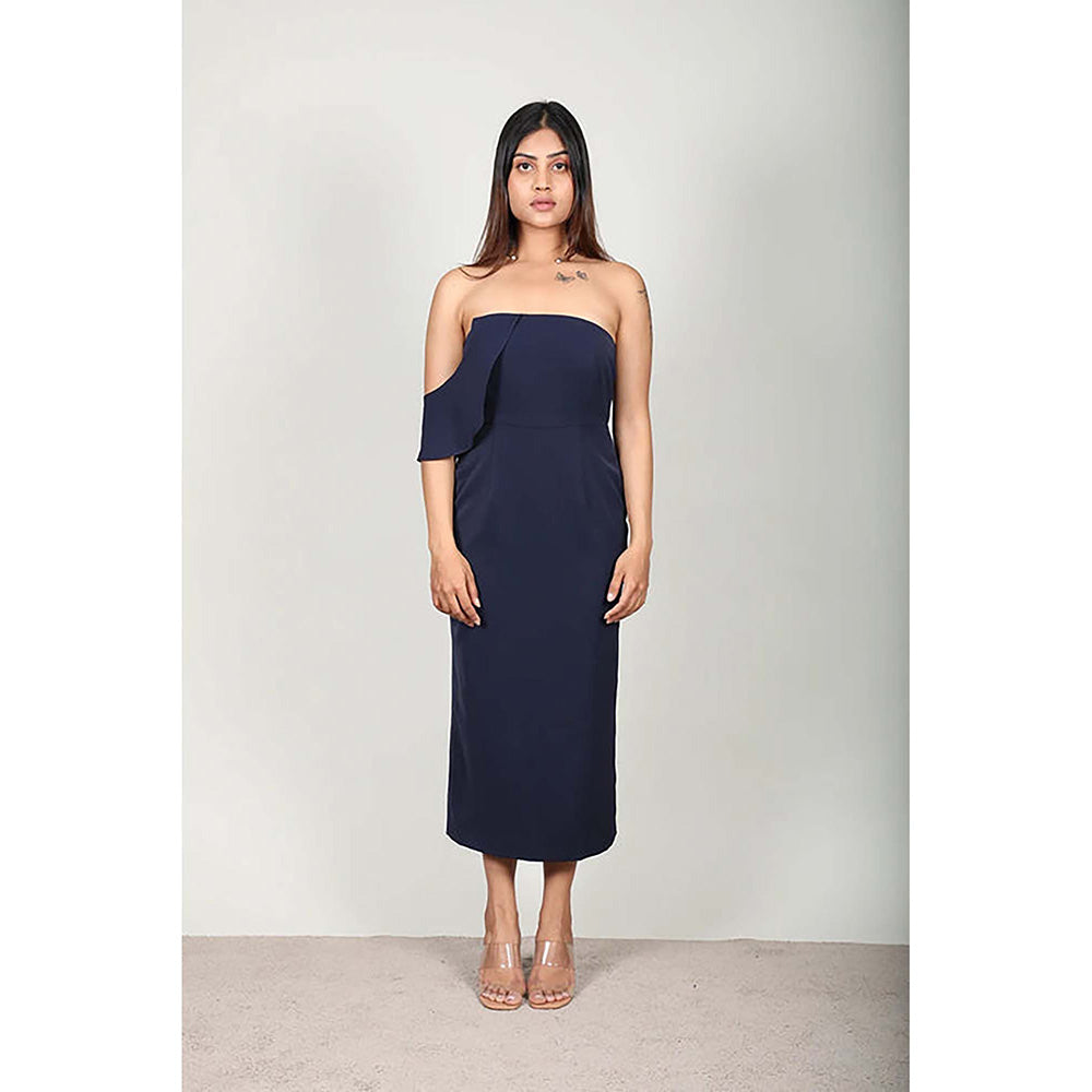 Fawn 24 Navy Blue Polyester Strapless/Tube Solid/Plain Sleeveless Midi Dress