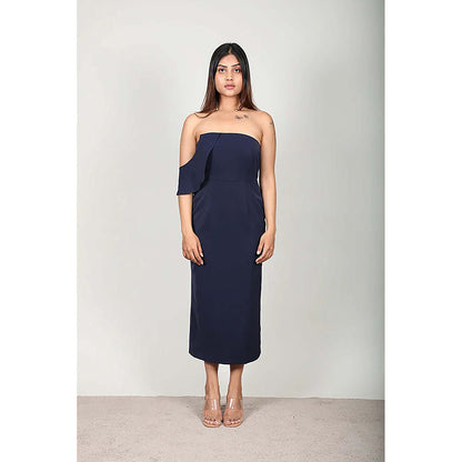 Fawn 24 Navy Blue Polyester Strapless/Tube Solid/Plain Sleeveless Midi Dress