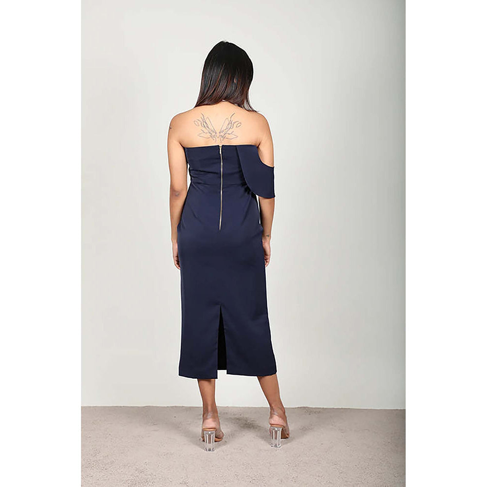 Fawn 24 Navy Blue Polyester Strapless/Tube Solid/Plain Sleeveless Midi Dress