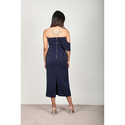 Fawn 24 Navy Blue Polyester Strapless/Tube Solid/Plain Sleeveless Midi Dress
