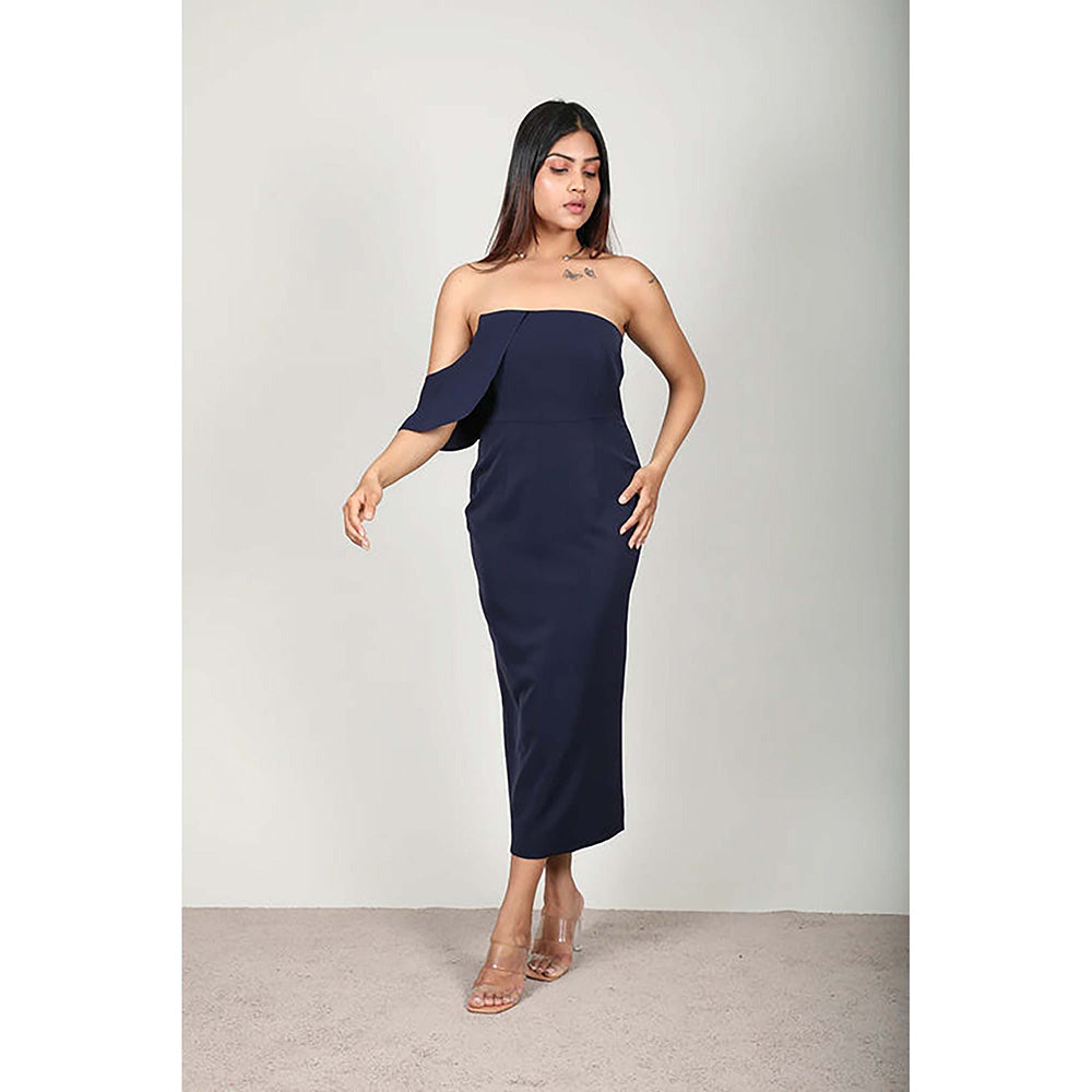 Fawn 24 Navy Blue Polyester Strapless/Tube Solid/Plain Sleeveless Midi Dress